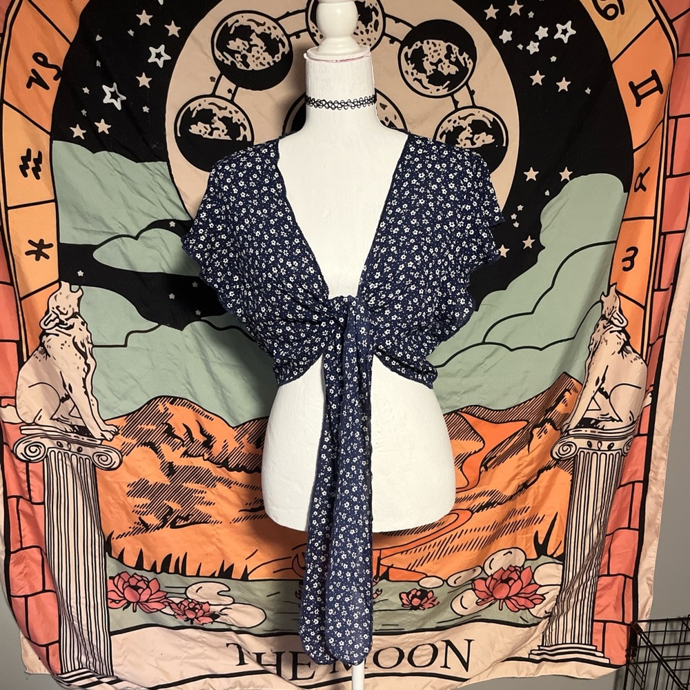 Windsor Blue and White Flutter Sleeve Crop Blouse